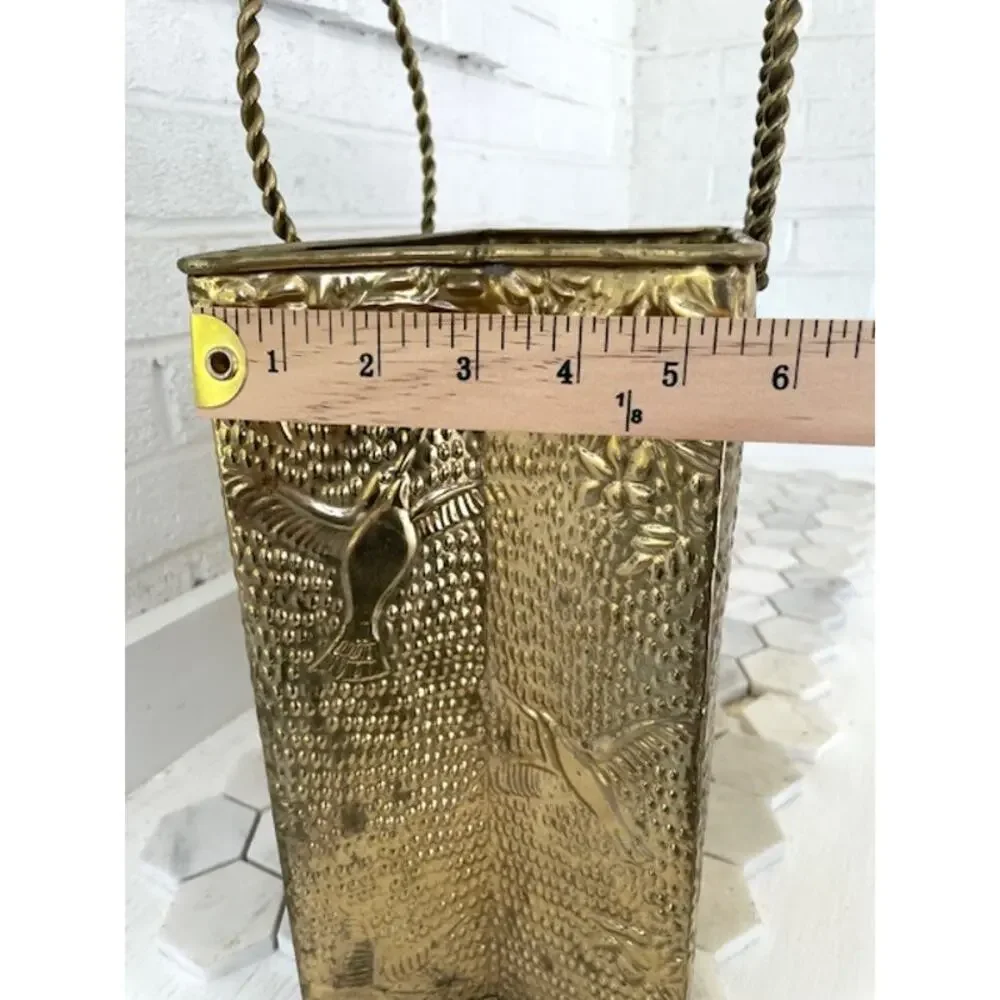 Vintage Embossed Brass Magazine Rack Hummingbird Floral Twisted Handles